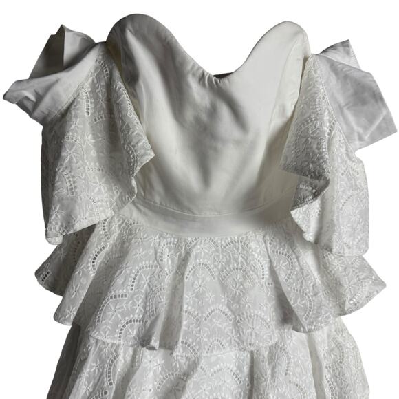 Caroline Constas Irene Ruffle Tiered Off Shoulder White Eyelet Mini Dress Size 4 - Picture 5 of 15